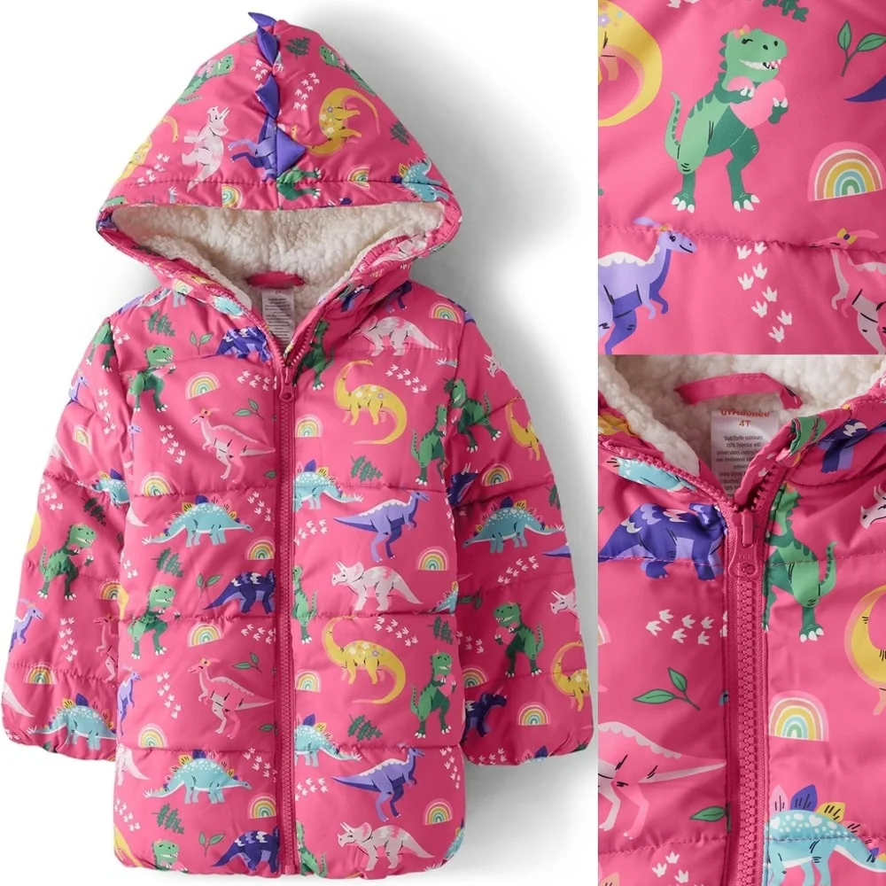 Girls Gymboree Pink Dinosaur Hooded Heavyweight Lined Puffer Jacket Size 10 NEW